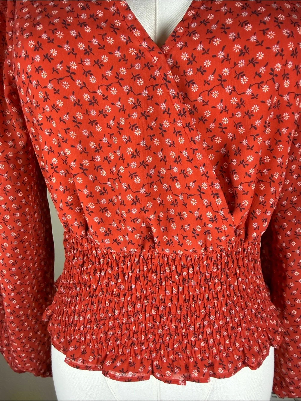 Madewell Red Floral Faux Wrap Wide Elastic Waist Blouse Size Small Puff Sleeve S